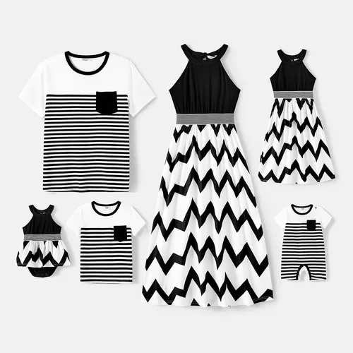 Family Matching Cotton Short-sleeve T-shirts and Chevron Striped Halter Spliced Naia™ Dresses Sets