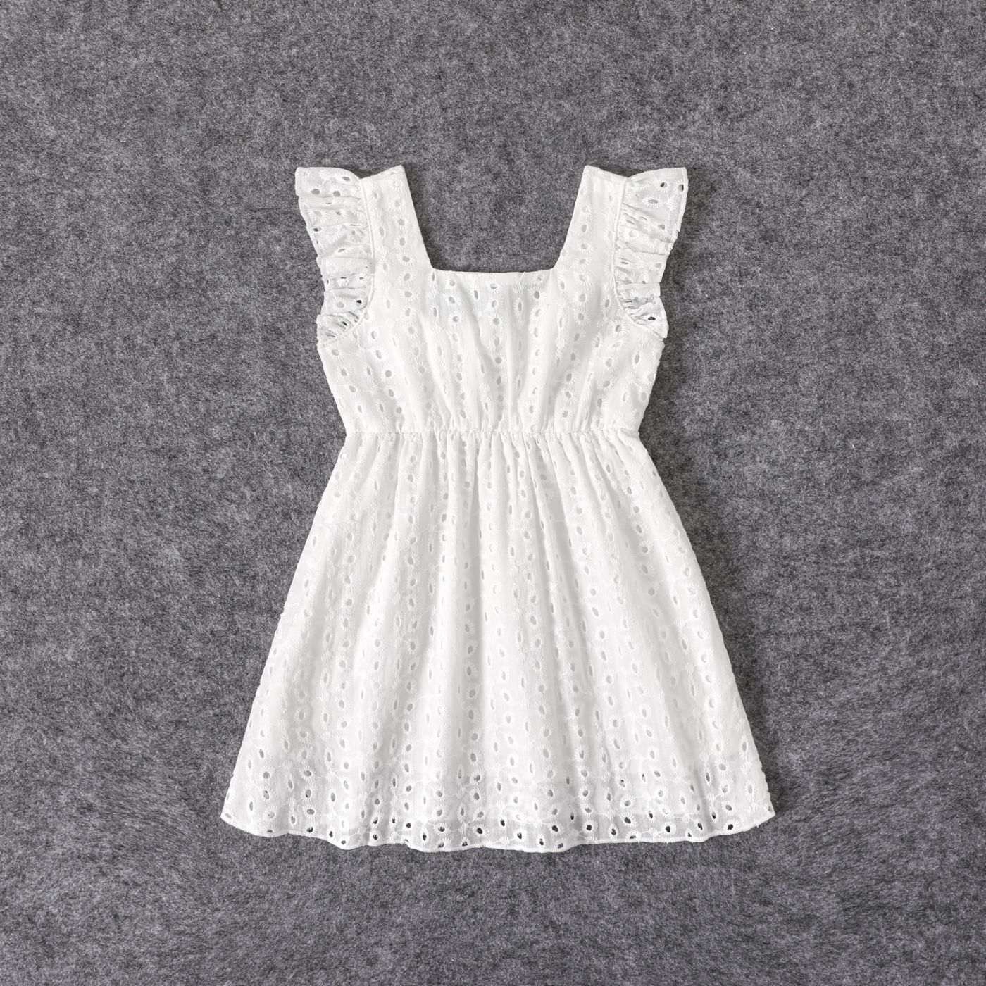 Mommy And Me 100% Cotton White Eyelet Embroidered Ruffle Trim Sleeveless Dresses