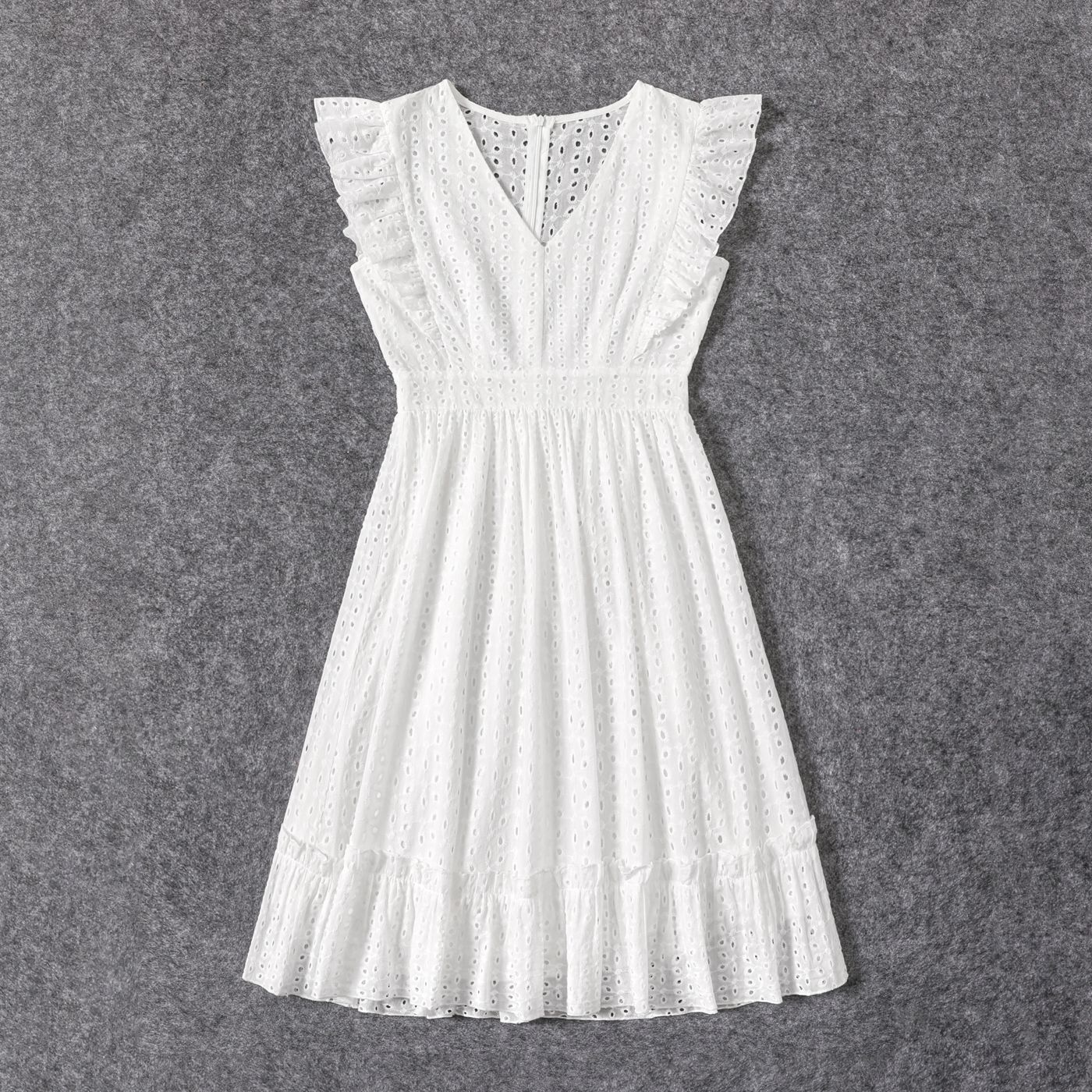 Mommy And Me 100% Cotton White Eyelet Embroidered Ruffle Trim Sleeveless Dresses