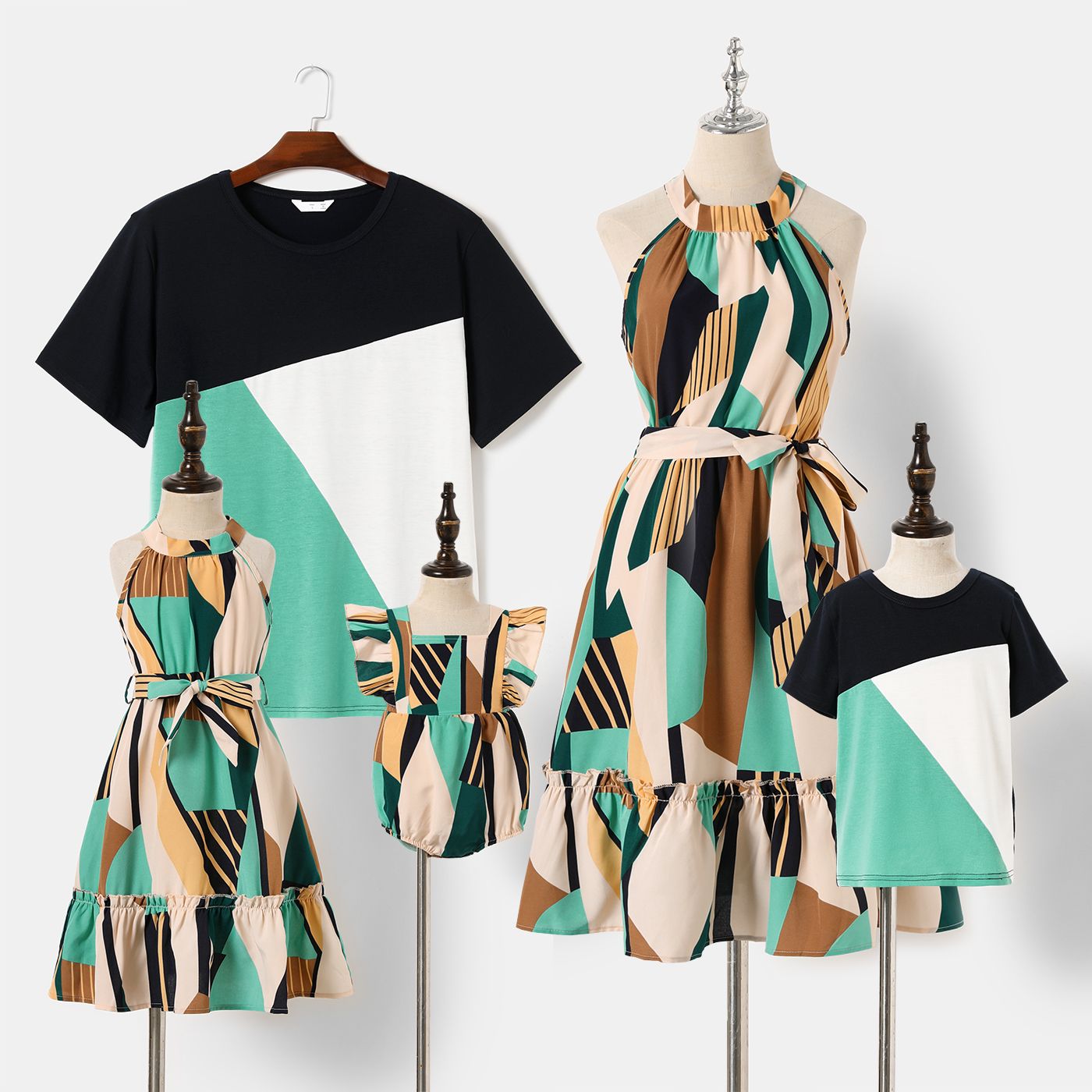 Family Matching Colorblock Sleeveless Belted Halter Dresses And T-shirts Sets