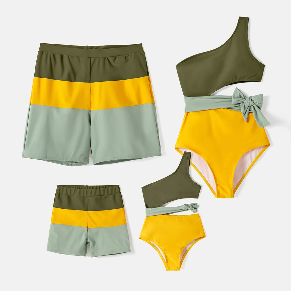 Family Matching Colorblock One Shoulder One-piece Swimsuit and Swim Trunks  big image 2
