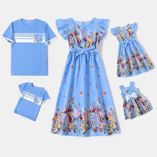 Family Matching Cotton Short-sleeve T-shirts and Floral Print Ruffle-sleeve Belted Dresses Sets