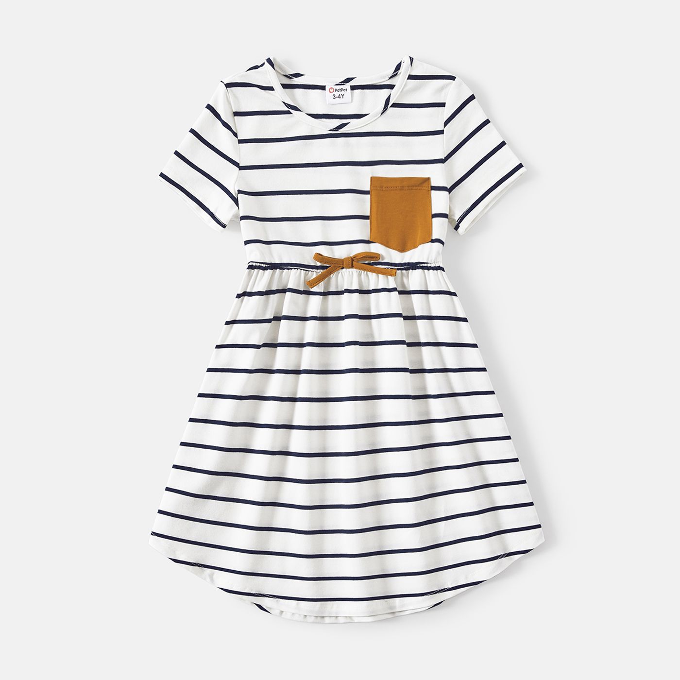 Family Matching 95% Cotton Striped Off Shoulder Belted Dresses And Short-sleeve Colorblock T-shirts Sets