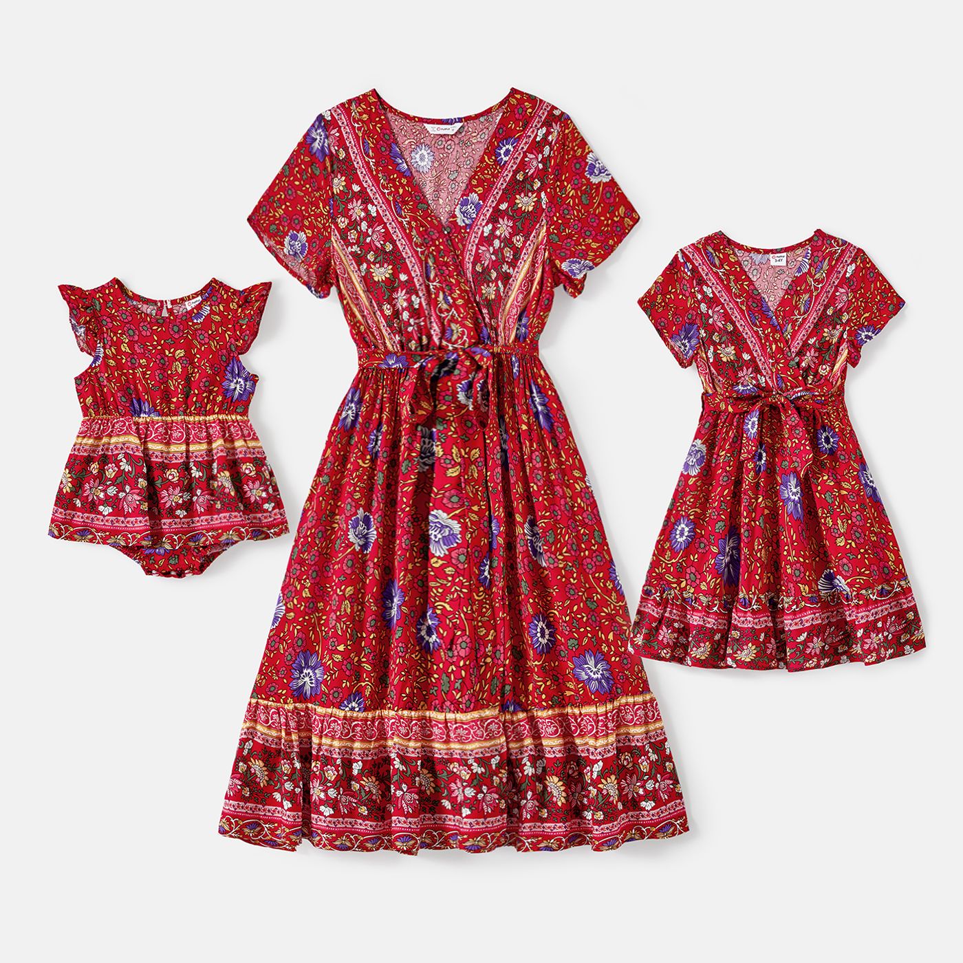 

Mommy and Me Boho Print Surplice Neck Short-sleeve Belted Dresses