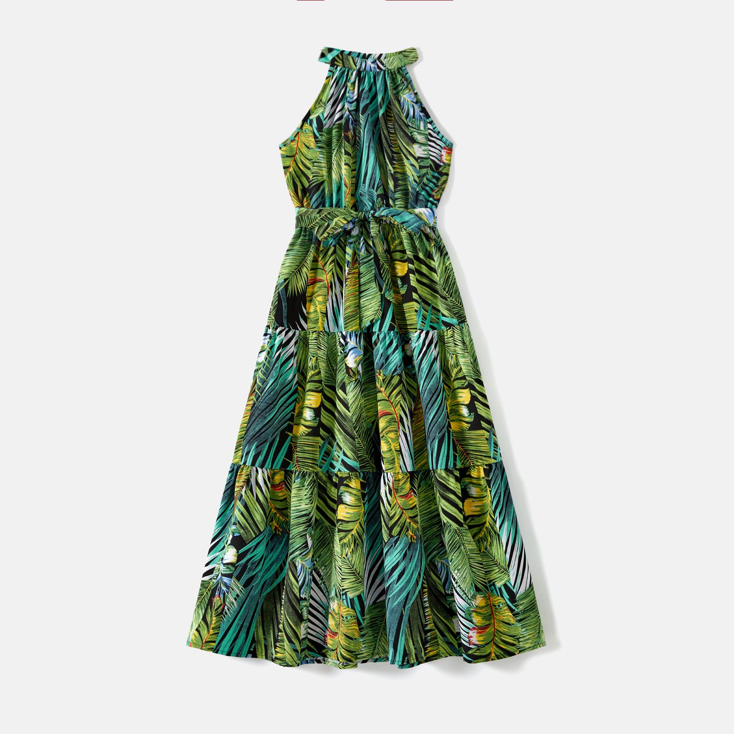 Family Matching 95% Cotton Allover Tropical Plant Print Halter Midi Dresses Short-sleeve Colorblock 