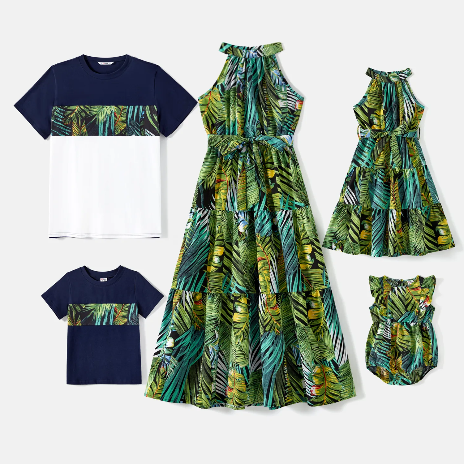 Family Matching 95% Cotton Allover Tropical Plant Print Halter Midi Dresses Short-sleeve Colorblock Tee Sets Multi-color image 2