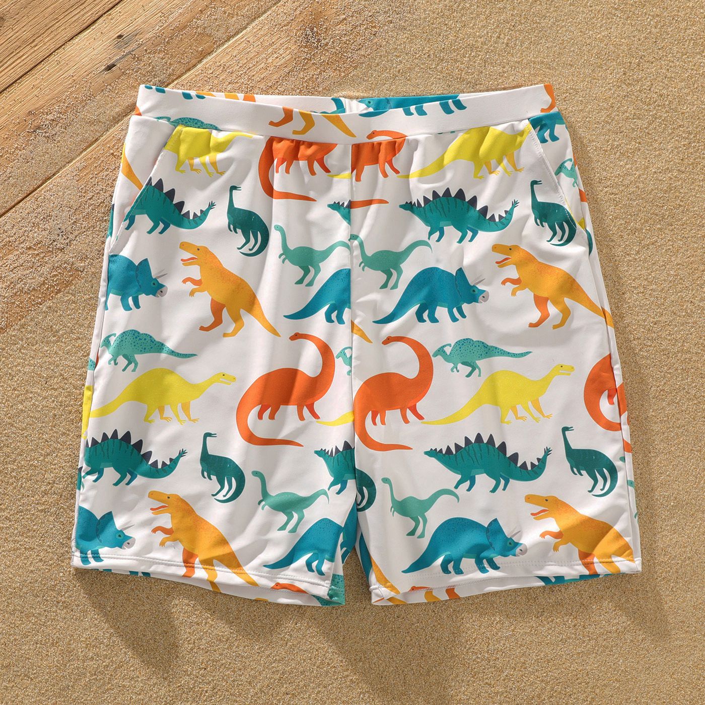 Family Matching Allover Dinosaur Print Swim Trunks And Ruffle Trim Two-piece Swimsuit