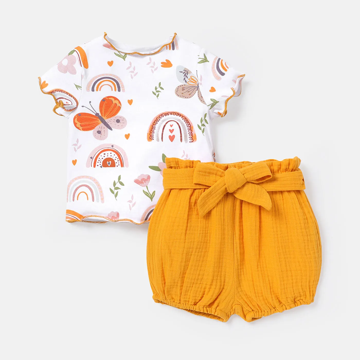 

2pcs Baby Girl 100% Cotton Crepe Belted Shorts and Allover Rainbow Print Short-sleeve Tee Set