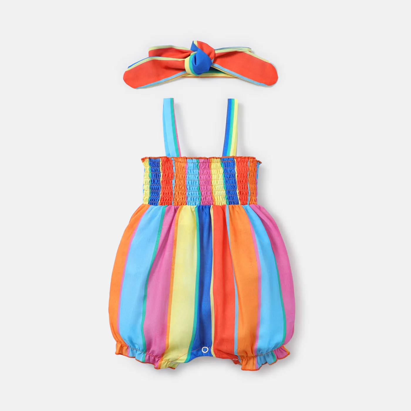 

2pcs Baby Girl Colorful Stripe Smocked Cami Romper and Headband Set