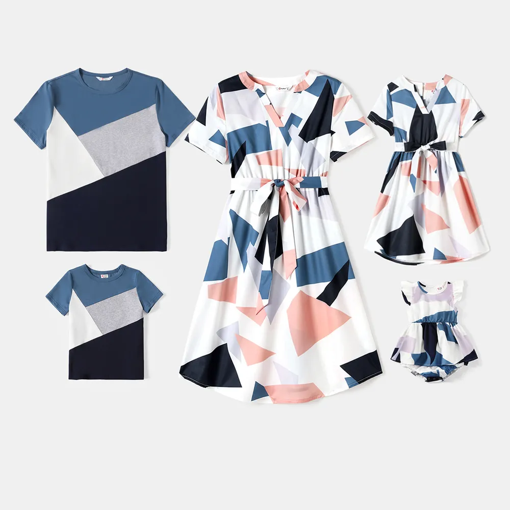 Family Matching Cotton Short-sleeve Colorblock T-shirts and Geo Print Belted Naia Dresses Sets  big image 2