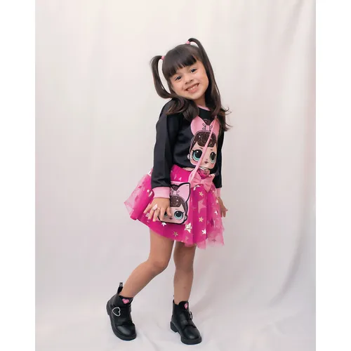 L.O.L. SURPRISE! 3pcs Toddler Girl Character Print Long-sleeve Tee and Star Glitter Design Mesh Skirt and Bag Set