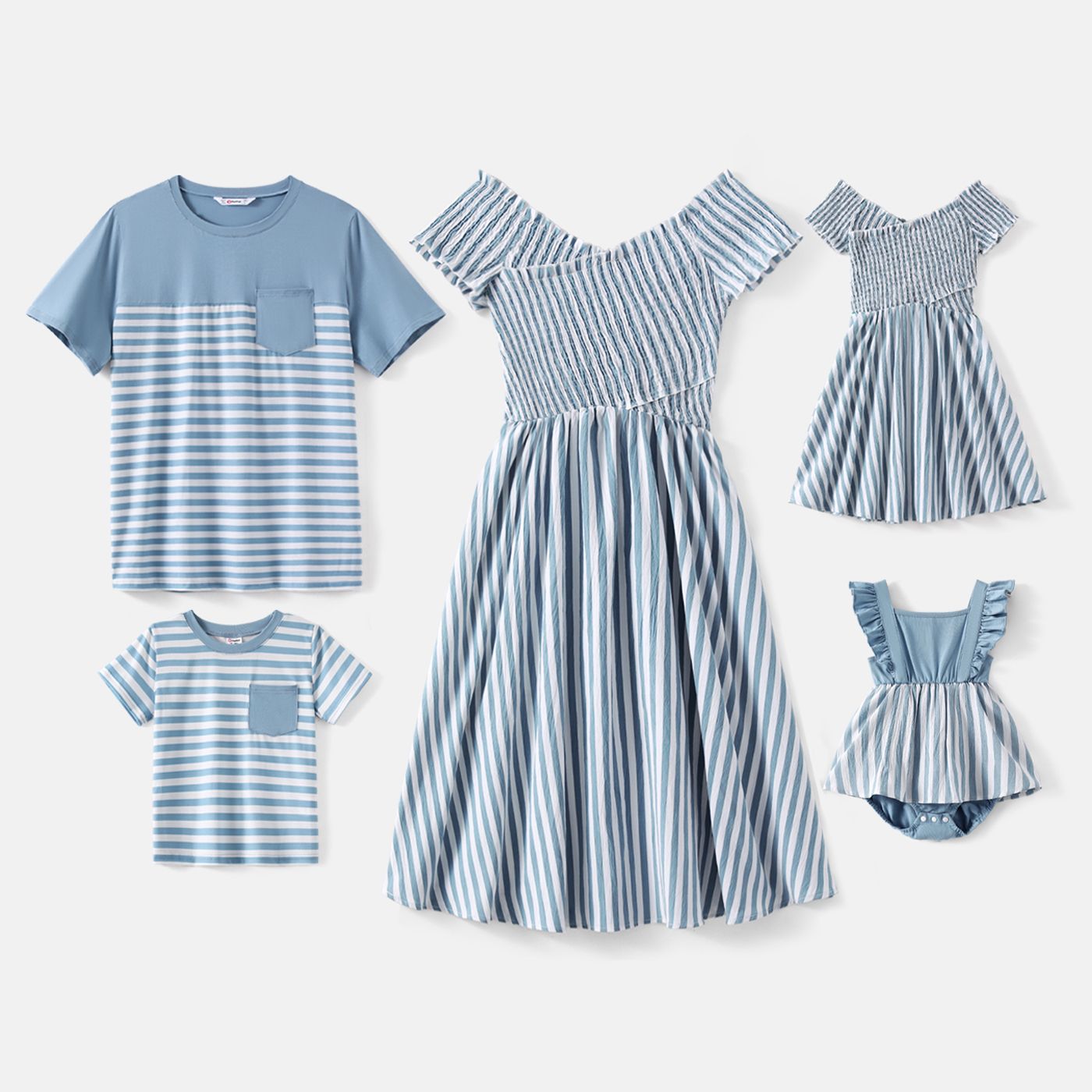 

Family Matching Blue Striped Off Shoulder Short-sleeve Shirred Dresses and Spliced Tee Set