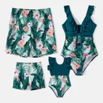 Family Matching Plant Print Ruffle Trim Spliced One-piece Swimsuit or Swim Trunks  image 2