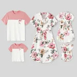 Family Matching Allover Floral Print Notched Neck Belted Dresses and Short-sleeve Colorblock T-shirts Sets  image 2