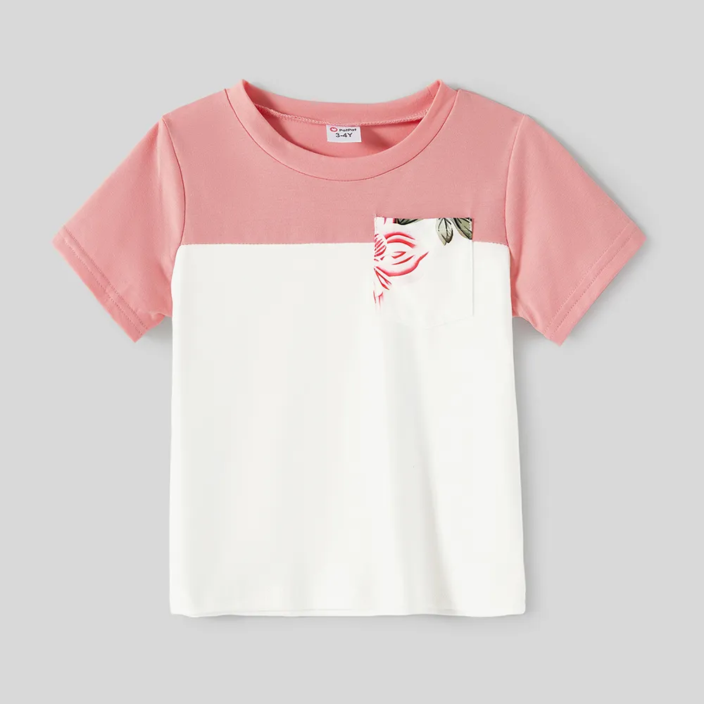 Family Matching Allover Floral Print Notched Neck Belted Dresses and Short-sleeve Colorblock T-shirts Sets  big image 5