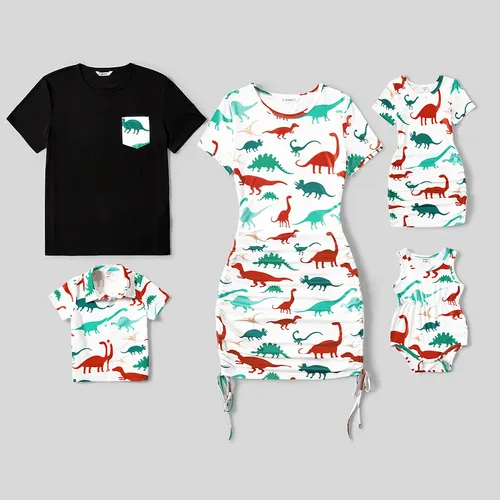 Family Matching Allover Colorful Dinosaur Print Drawstring Ruched Bodycon Dresses and Short-sleeve Tops Sets