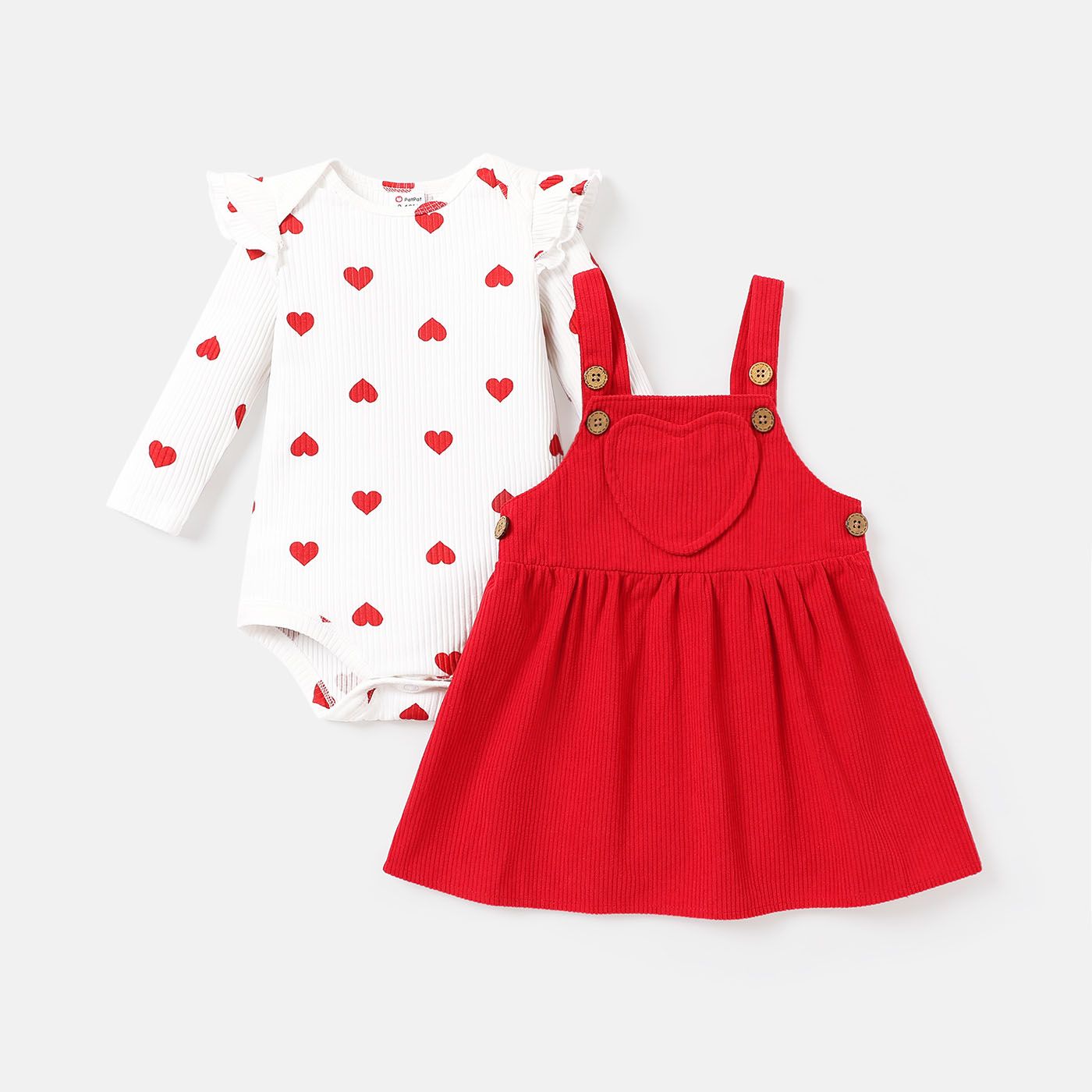 

2pcs Baby Girl Heart Print Cotton Ribbed Ruffle Long-sleeve Romper and Corduroy Overall Dress Set