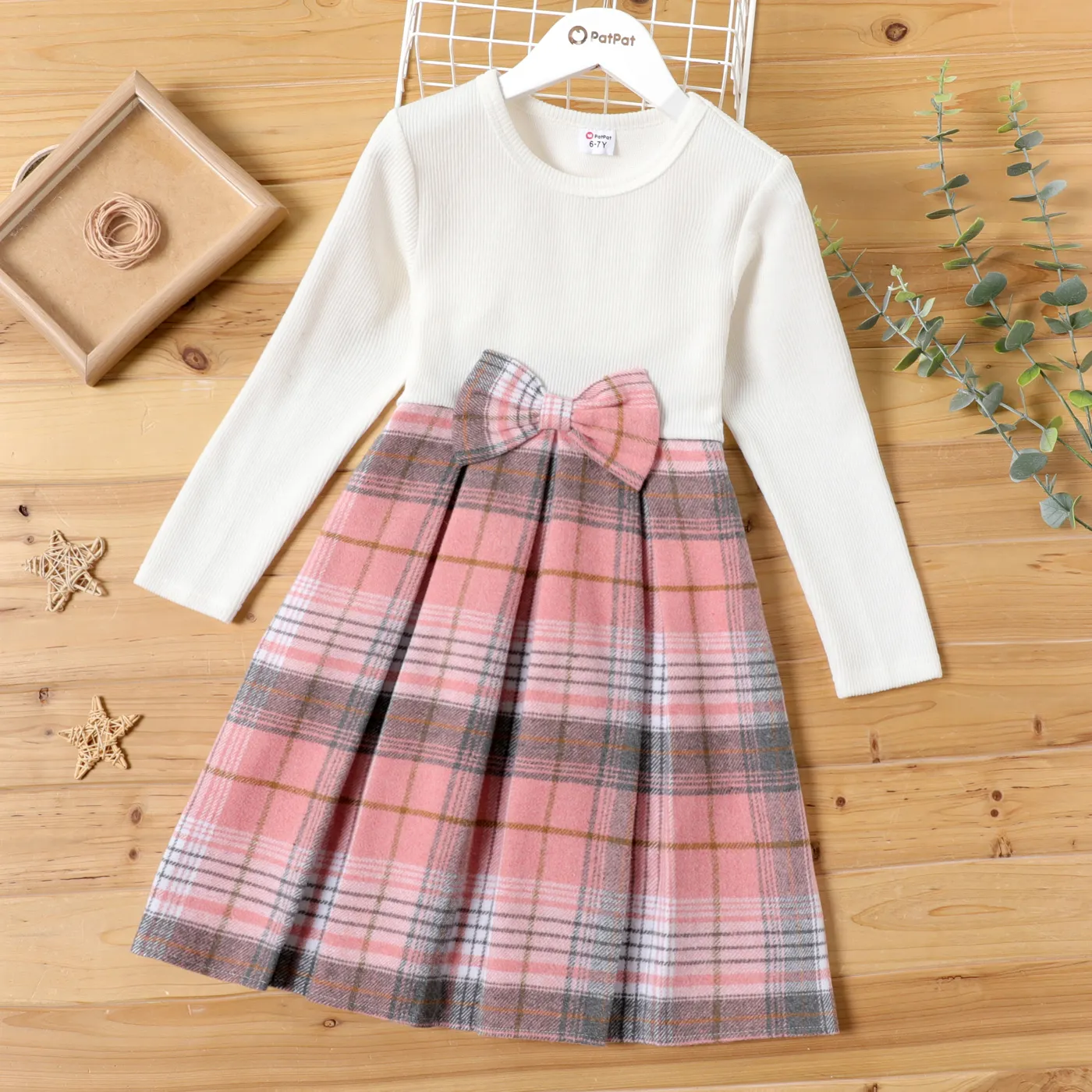 Kid Girl 3D Bowknot Design Pleated Plaid Splice Long-sleeve Dress  image 6