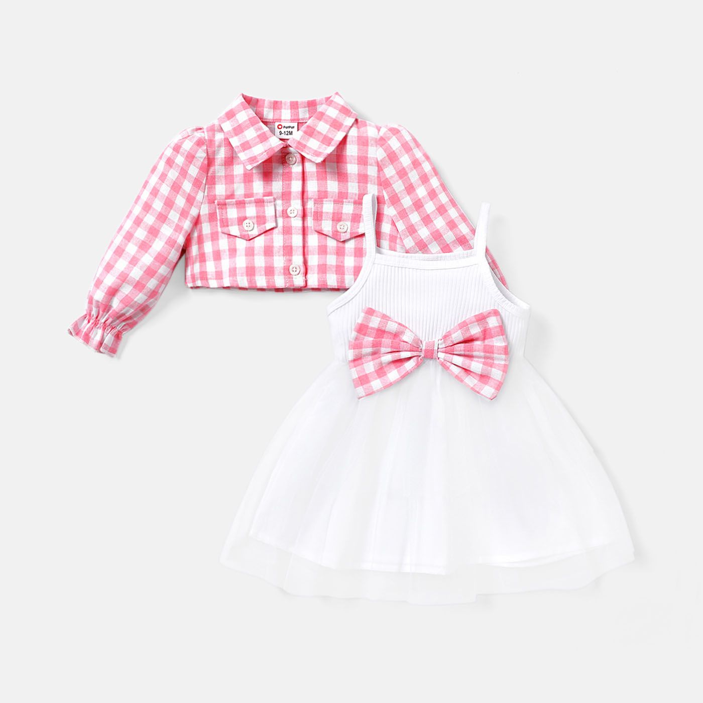

2pcs Baby Girl Bowknot Design Mesh Splice Cami Dress and Plaid Jacket Set
