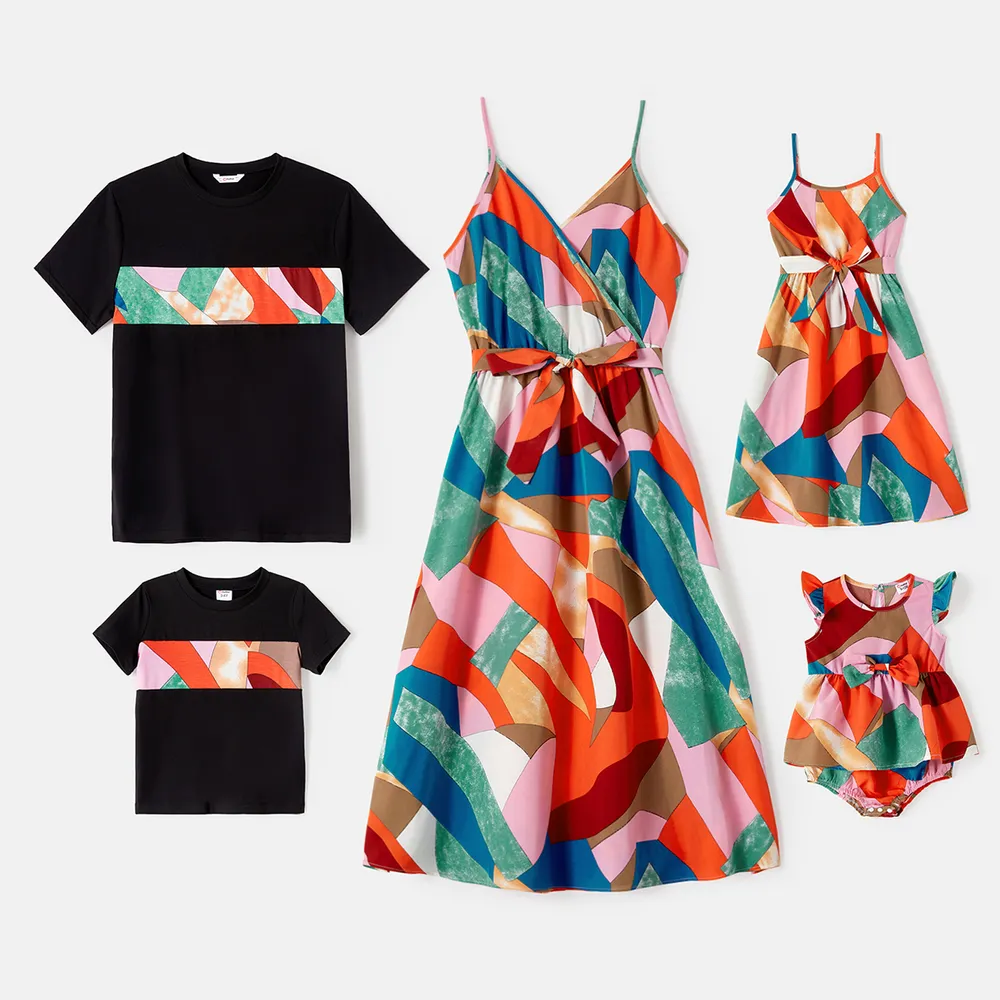 Family Matching Allover Geo Print Belted Cami Dresses and Short-sleeve Spliced T-shirts Sets  big image 2