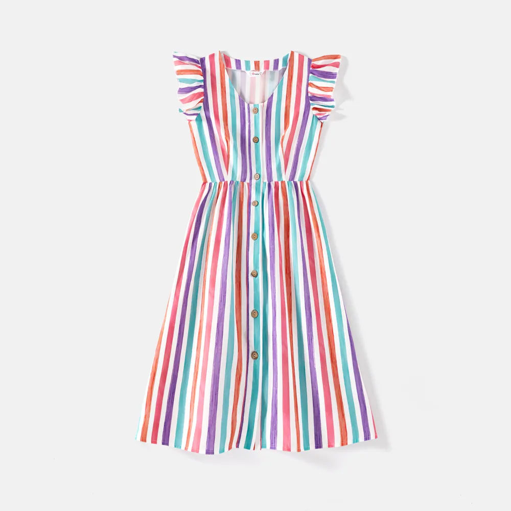 Family Matching Colorful Striped Flutter-sleeve Dresses and Short-sleeve Tee Sets  big image 13