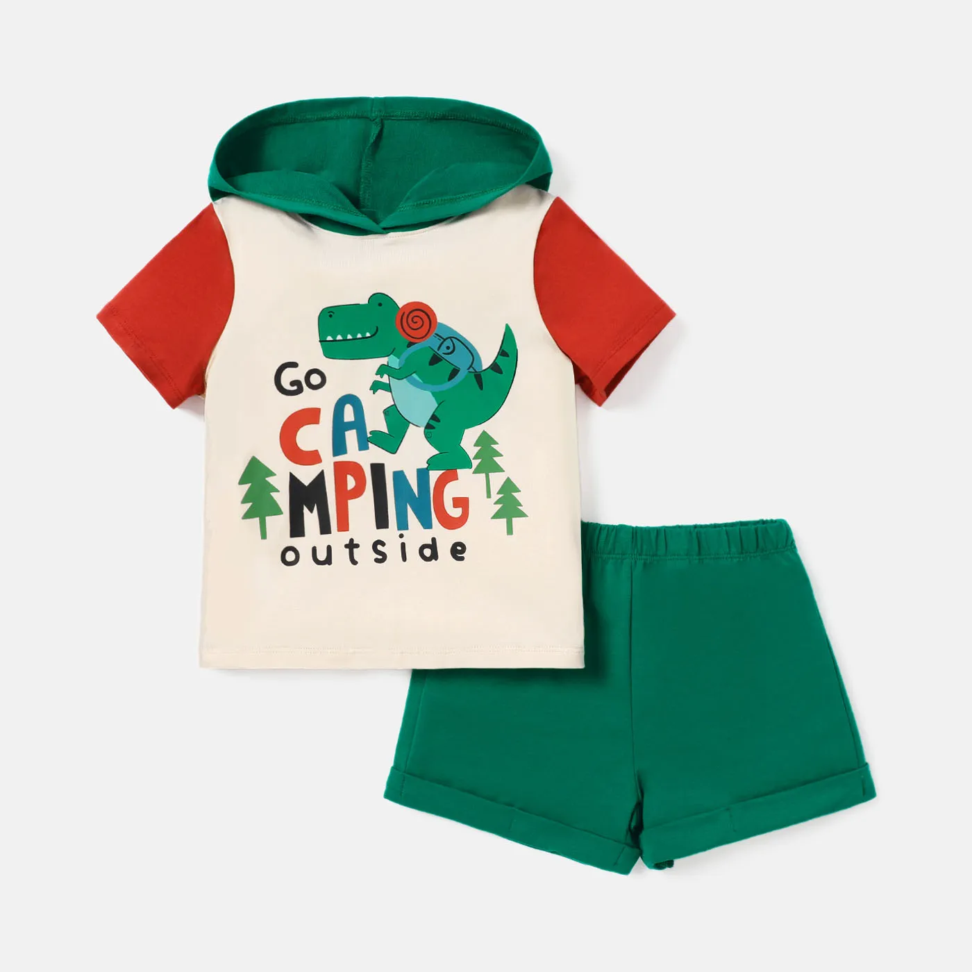

2pcs Toddler Boy Cotton Dinosaur Print Colorblock Hooded Short-sleeve Tee and Elasticized Shorts Set