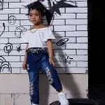 4pcs Toddler Girl Off Shoulder Short-sleeve Tee and Belted Ripped Denim Jeans & Headband Set  image 2