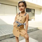 2pcs Toddler Girl 100% Cotton Double Breasted Letter Print Strap Dress and Belt Coffee image 2