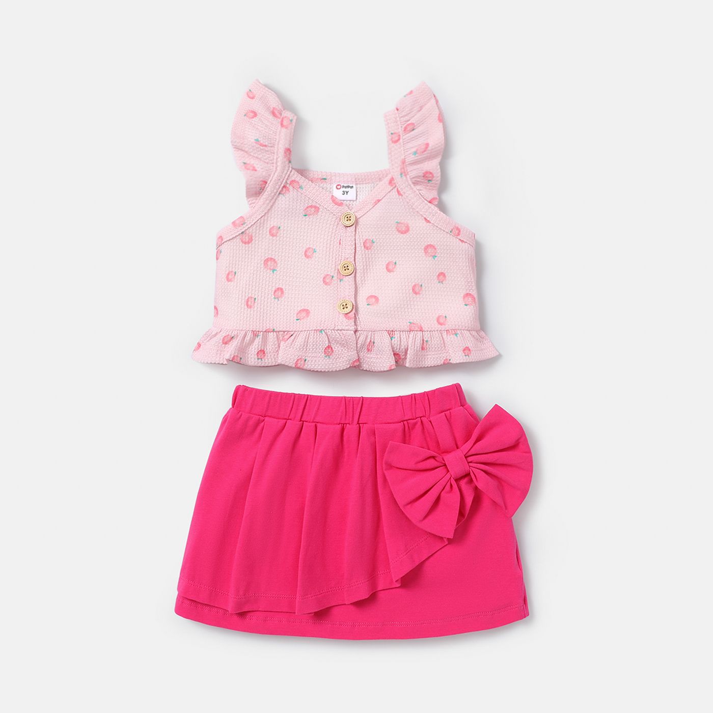 

2pcs Toddler Girl Strawberry Print Ruffled Flutter-sleeve Tee and Bowknot Design Skirt Set