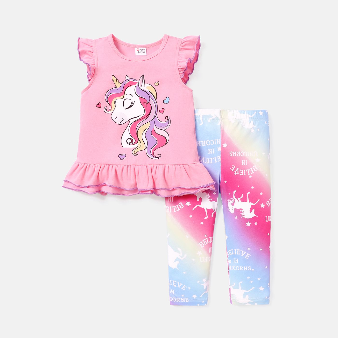 

2pcs Baby Girl Cotton Unicorn Graphic Ruffle Trim Flutter-sleeve Tee and Allover Letter Print Colorful Pants Set