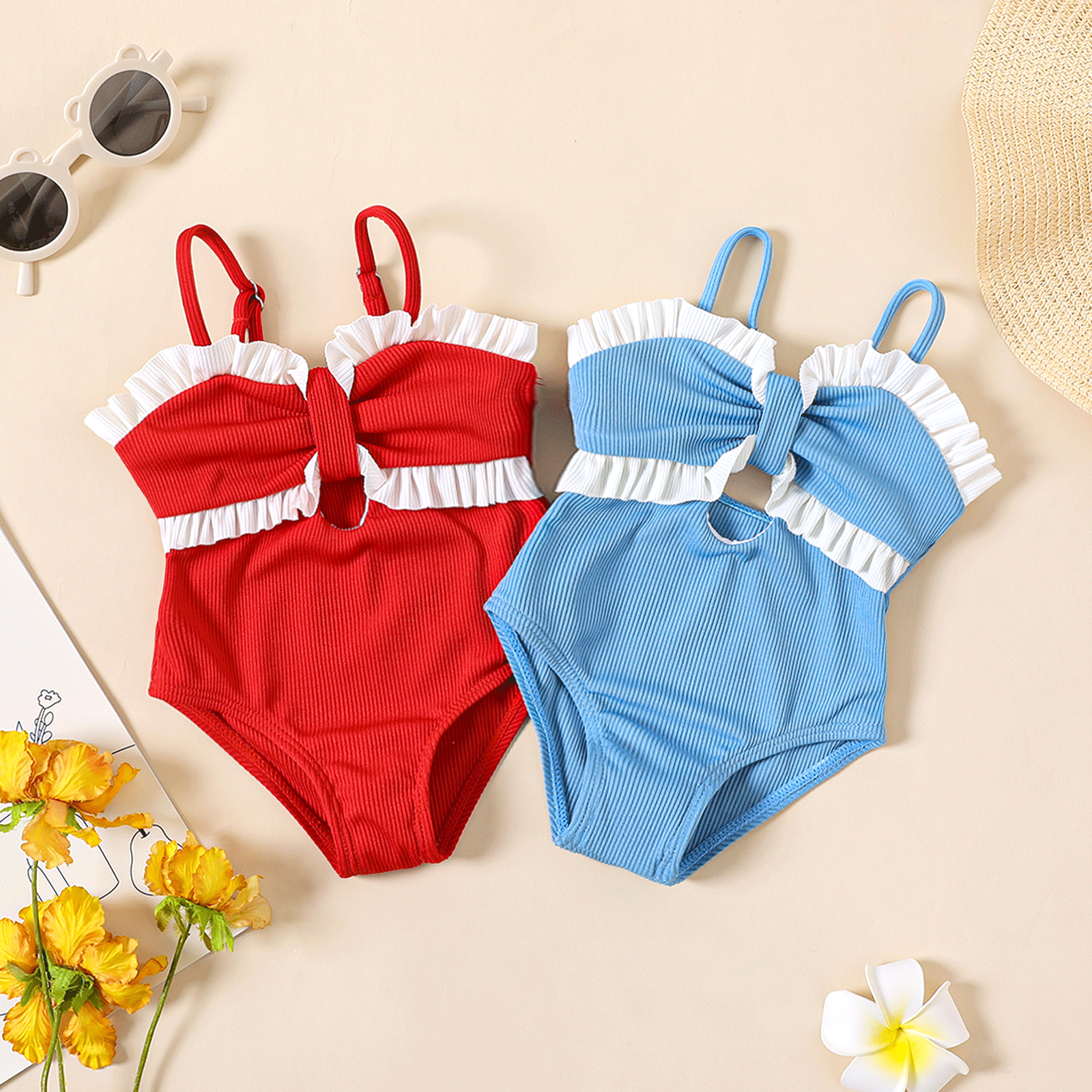 Baby Girl Ruffle Trim Cut Out Ribbed One-Piece Swimsuit