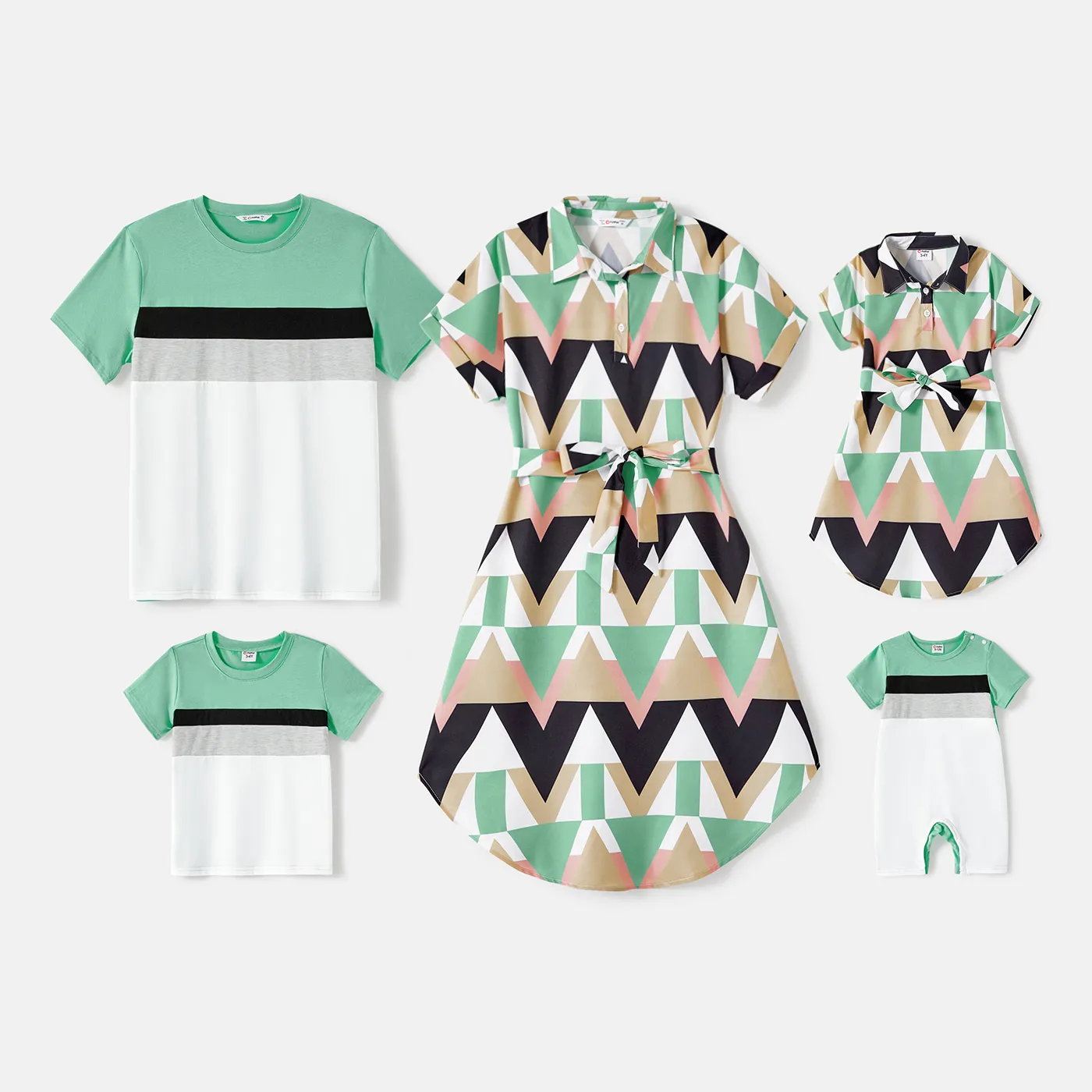 

Family Matching Allover Geo Print Short-sleeve Belted Dresses and Colorblock T-shirts Sets