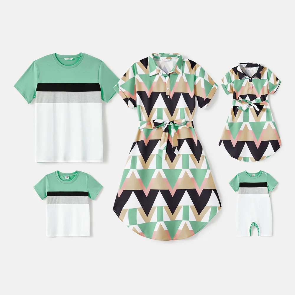 Family Matching Allover Geo Print Short-sleeve Belted Dresses and Colorblock T-shirts Sets  big image 2