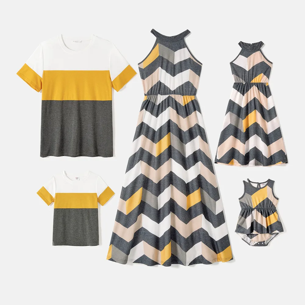 Family Matching Chevron Striped Halter Maxi Dresses and Short-sleeve Colorblock T-shirts Sets  big image 2