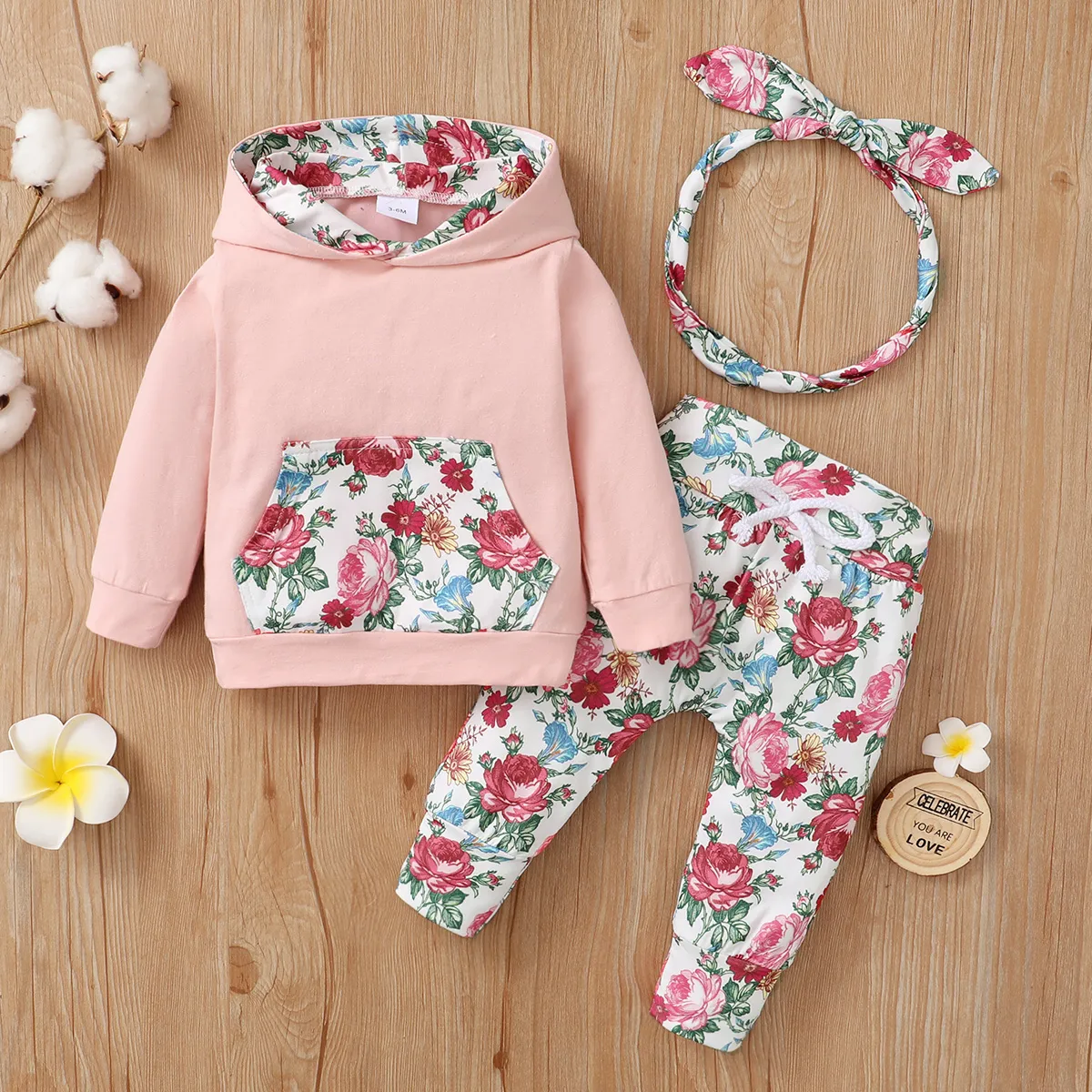 3 unidades Bebé Menina Bolso cosido Flor grande Casual Manga comprida Conjunto para bebé Rosa