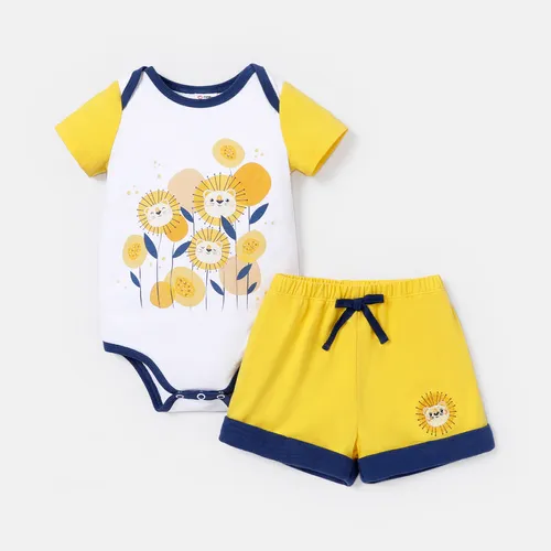 2pcs Baby Boy 100% Cotton Animal Floral Print Colorblock Short-sleeve Bodysuit and Shorts Set