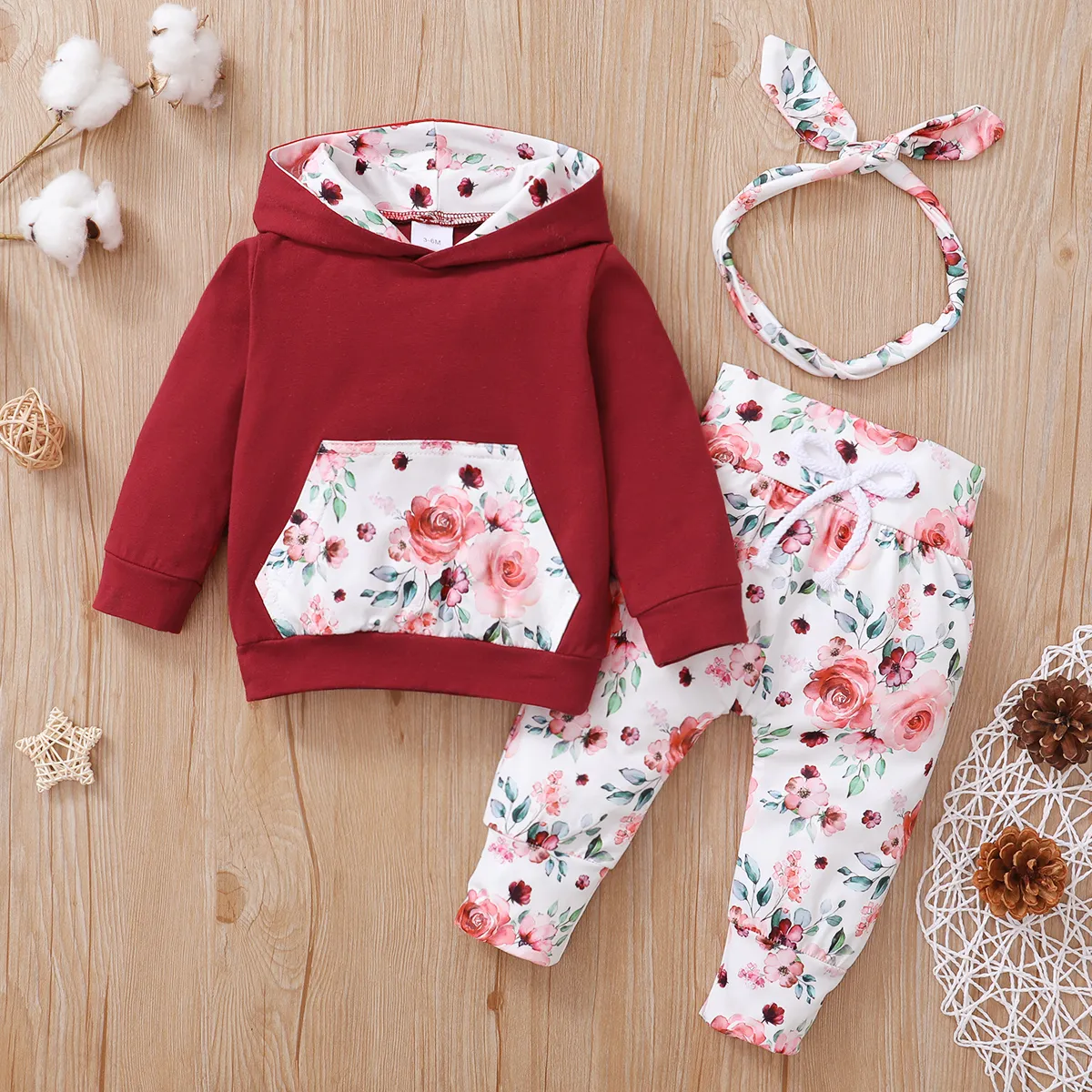 3 unidades Bebé Menina Bolso cosido Flor grande Casual Manga comprida Conjunto para bebé escarlate