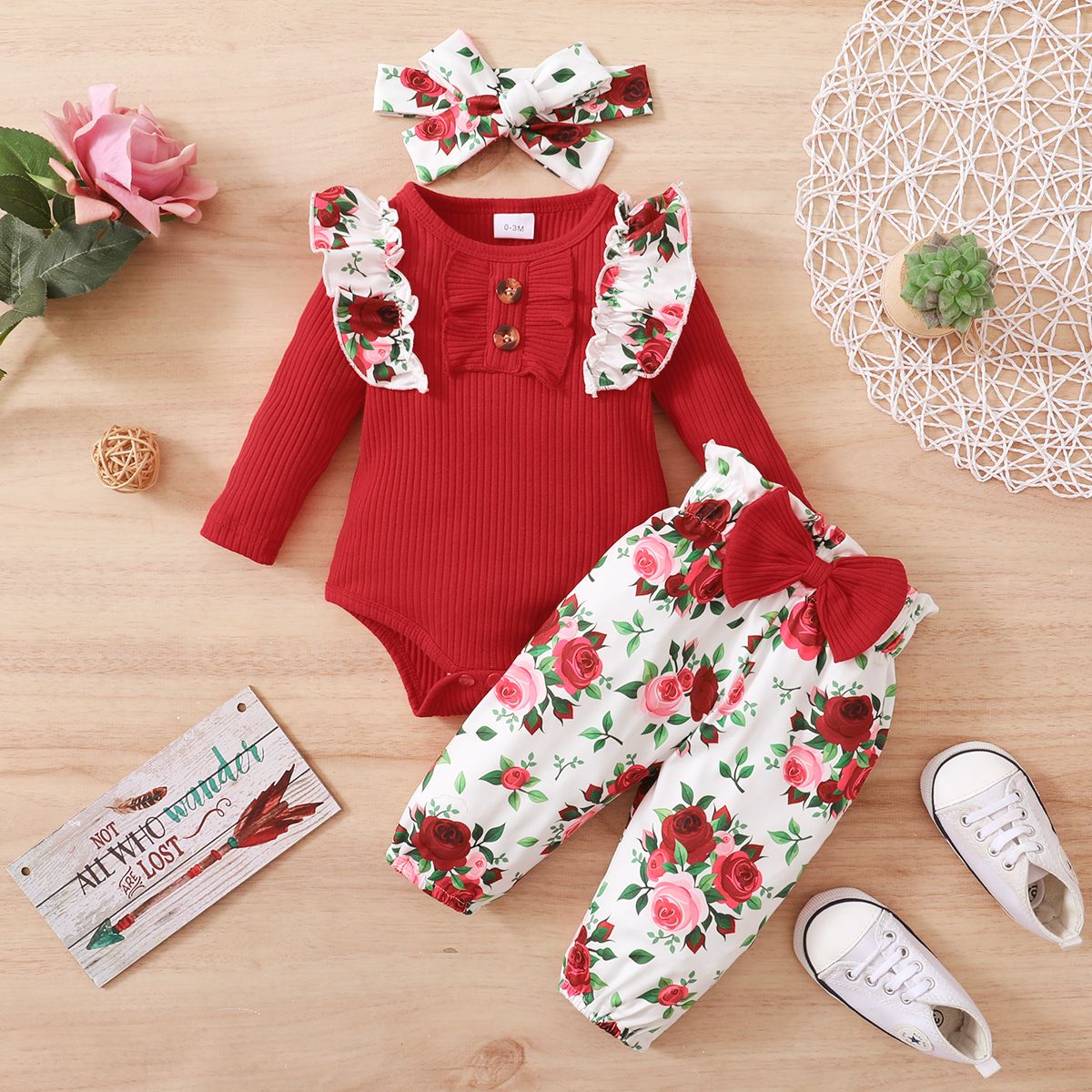 3pcs Baby Girl Cotton Ribbed Ruffle Trim Long-sleeve Romper And Bow Front Floral Print Naiaâ¢ Pants & Headband Set