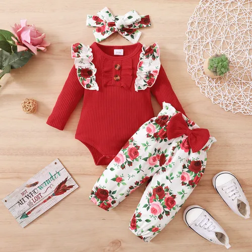 3pcs Baby Girl Cotton Ribbed Ruffle Trim Long-sleeve Romper and Bow Front Floral Print Naia™ Pants & Headband Set