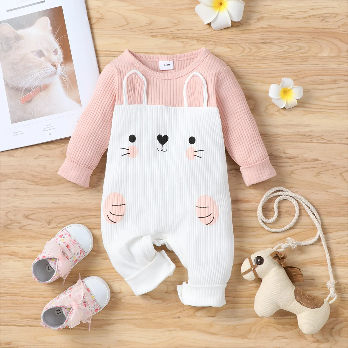 Baby Girl Cotton Ribbed 3D Ears Detail Animal Graphic Long-sleeve Colorblock Jumpsuit ColorBlock big image 1