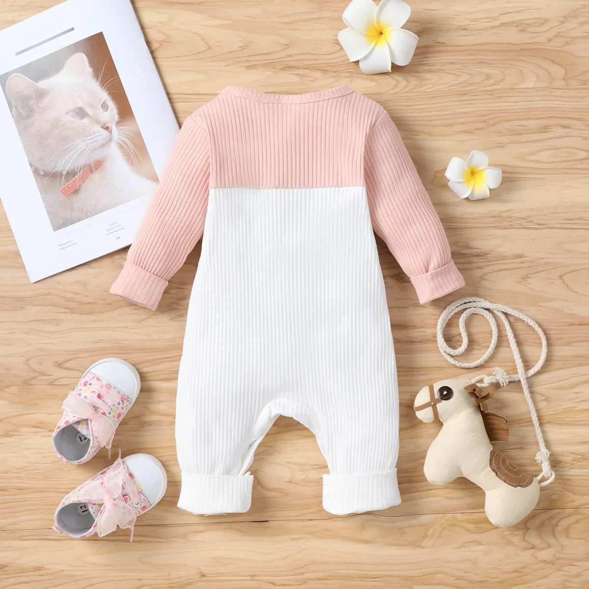 Baby Girl Cotton Ribbed 3D Ears Detail Animal Graphic Long-sleeve Colorblock Jumpsuit ColorBlock image 2