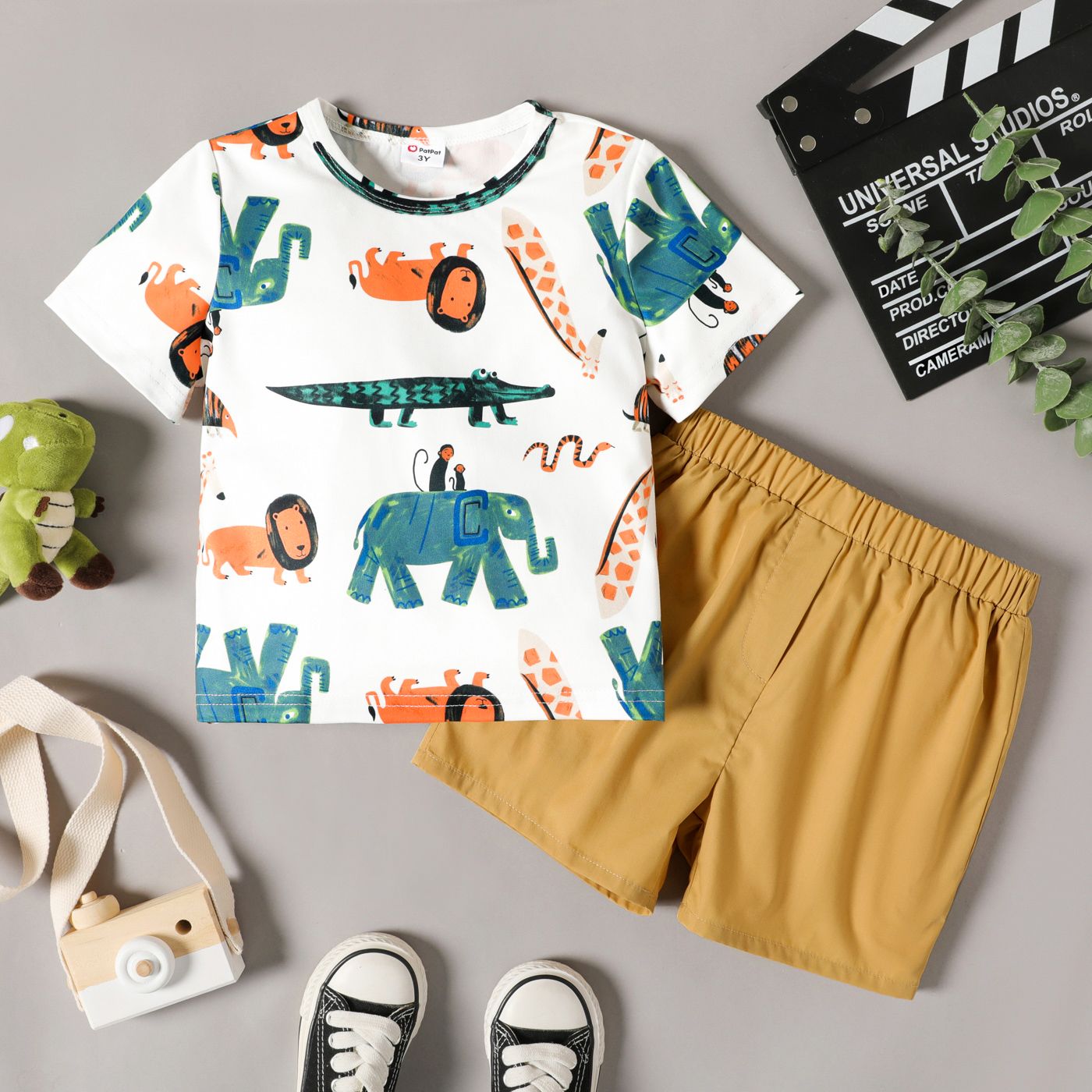 Naia 2pcs Toddler Boy Animal Print Short-sleeve Tee And Elasticized Cotton Shorts Set