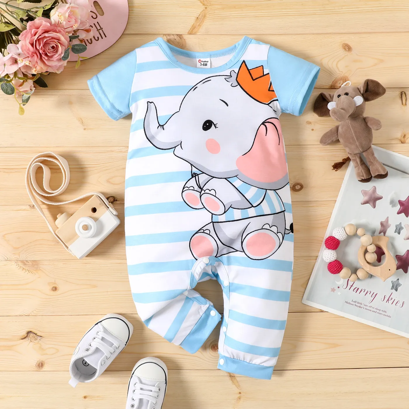 Baby Boy/Girl Short-sleeve Elephant Print Striped/Dots Print Naia™ Jumpsuit Light Blue big image 1