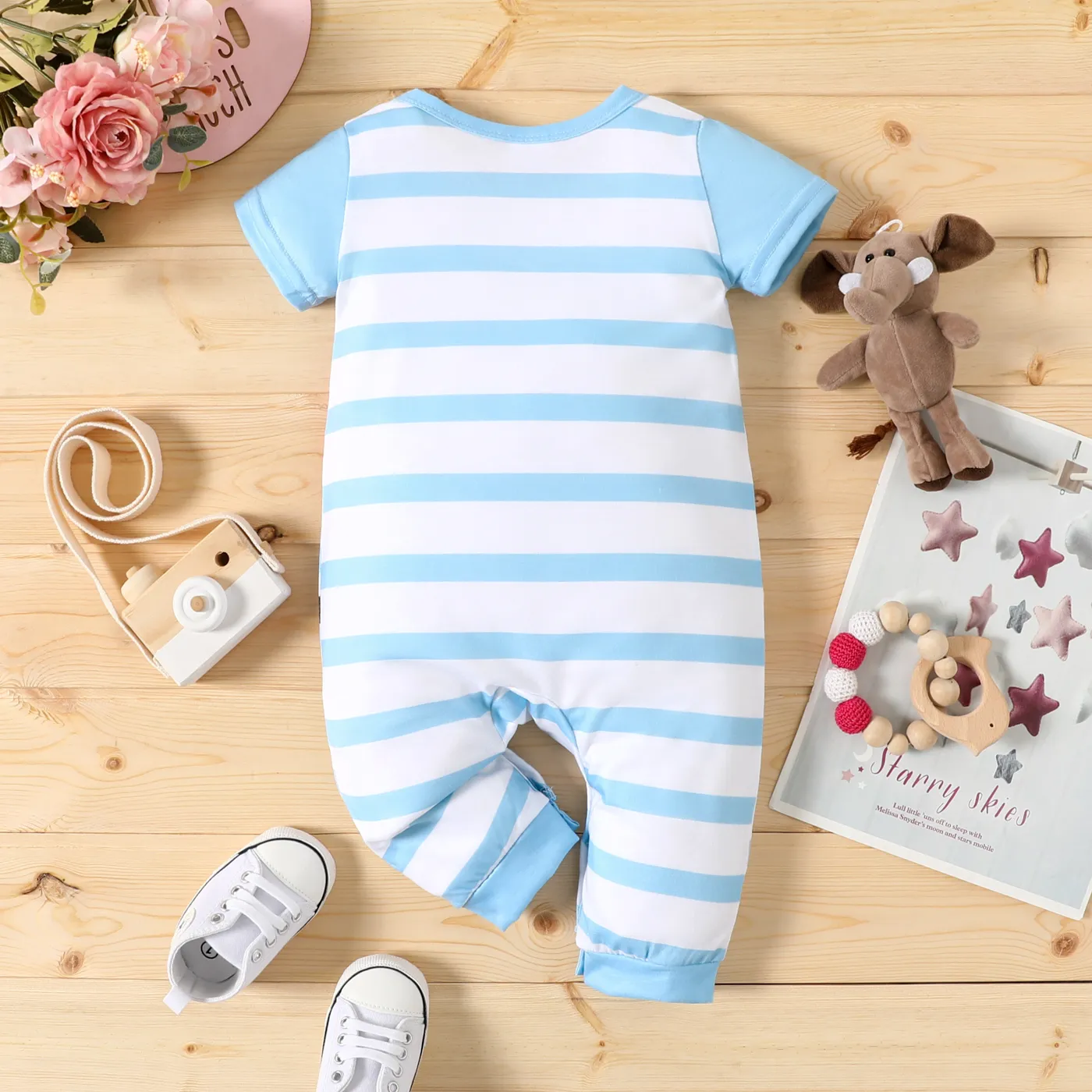 Baby Boy/Girl Short-sleeve Elephant Print Striped/Dots Print Naia™ Jumpsuit Light Blue image 2