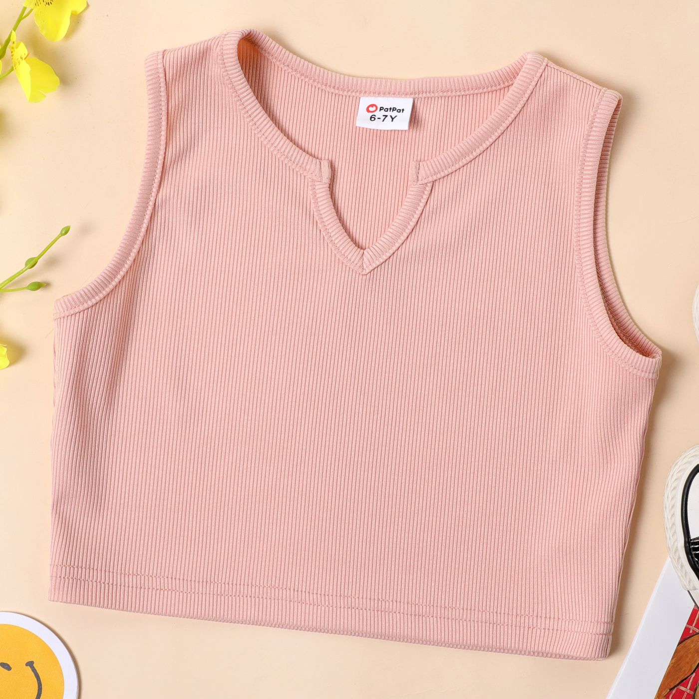 

Kid Girl Solid Color Ribbed Split Neck Cotton Tank Top
