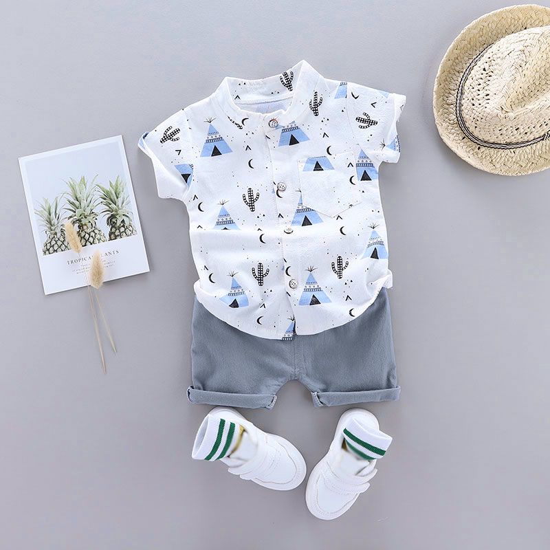 2pcs Baby Boy 100% Cotton Short-sleeve Allover Print Shirt And Solid Shorts Set
