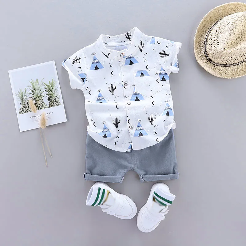 2pcs Baby Boy 100% Cotton Short-sleeve Allover Print Shirt and Solid Shorts Set Blue big image 1