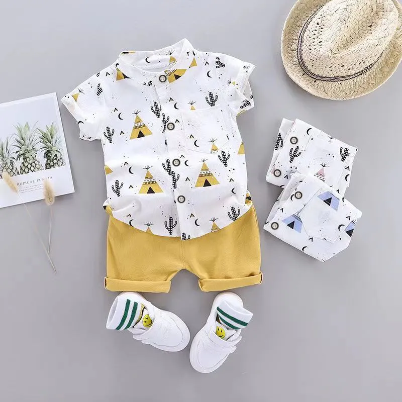 2pcs Baby Boy 100% Cotton Short-sleeve Allover Print Shirt and Solid Shorts Set Yellow