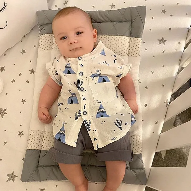 2pcs Baby Boy 100% Cotton Short-sleeve Allover Print Shirt and Solid Shorts Set Blue image 5