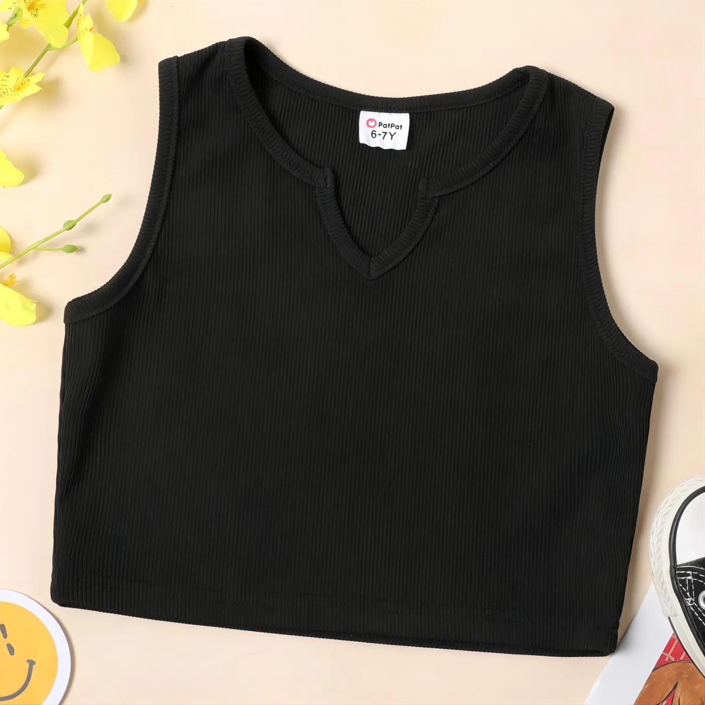 

Kid Girl Solid Color Ribbed Split Neck Cotton Tank Top